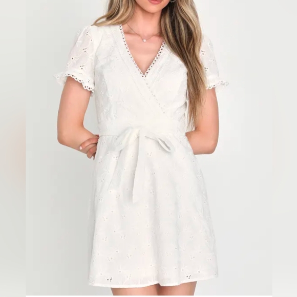Lulus Dresses & Skirts - Lulu's Whirlwind Wonder White Floral Eyelet Short Sleeve Mini Dress